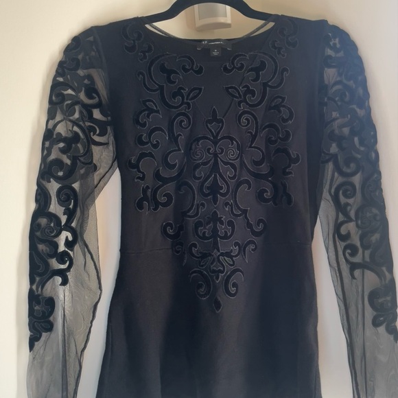 INC International Concepts Tops - Elegant Black Shirt with Sheer Velvet Design on Sleeves and Front